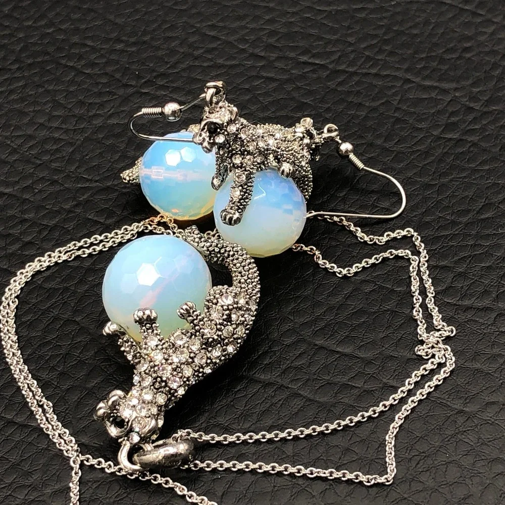Crystal Cheetah Necklace and Pierced Earrings Set Jaguars Dancing on Glass Balls